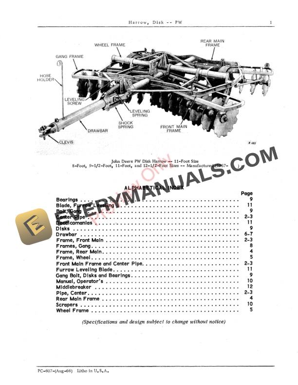 John Deere PW Disk Harrow Parts Catalog PC607 01AUG66-3
