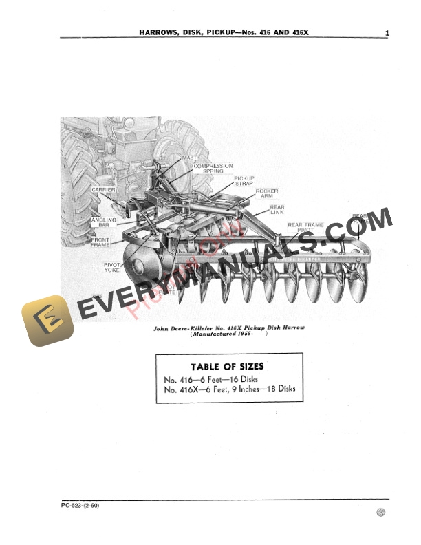 John Deere Pickup Disk Harrows – Nos. 416, 416X Parts Catalog PC523 01FEB60-3