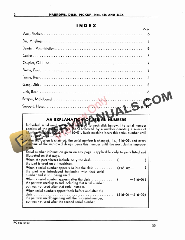 John Deere Pickup Disk Harrows – Nos. 416, 416X Parts Catalog PC523 01FEB60-4