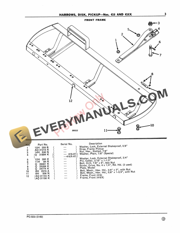John Deere Pickup Disk Harrows – Nos. 416, 416X Parts Catalog PC523 01FEB60-5