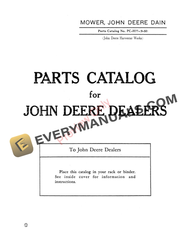 John Deere Plain Lift Dain Mower, Vertical Parts Catalog PCH77 01SEP50-3