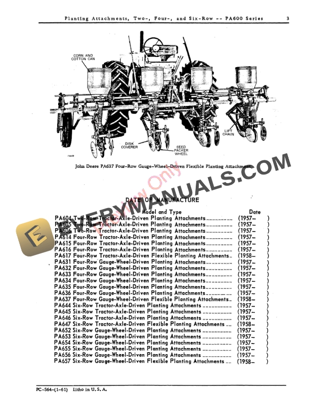 John Deere Planting Attachments – PA600 Series Parts Catalog PC564 01JAN61-5