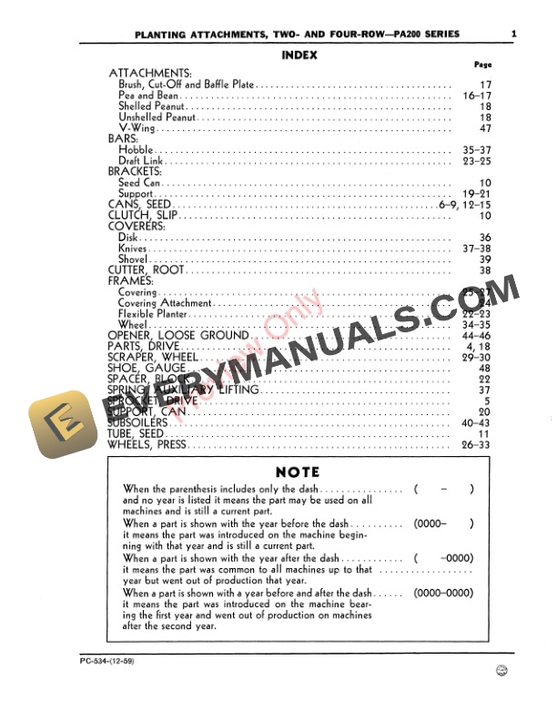 John Deere Planting Attachments Two- and Four-Row – PA200 Series Parts Catalog PC534 01DEC59-3