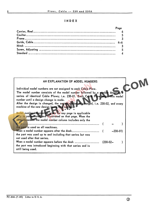 John Deere Plows Cable 230, 230A Parts Catalog PC644 01JUL60-4