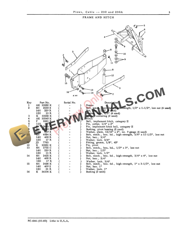 John Deere Plows Cable 230, 230A Parts Catalog PC644 01JUL60-5