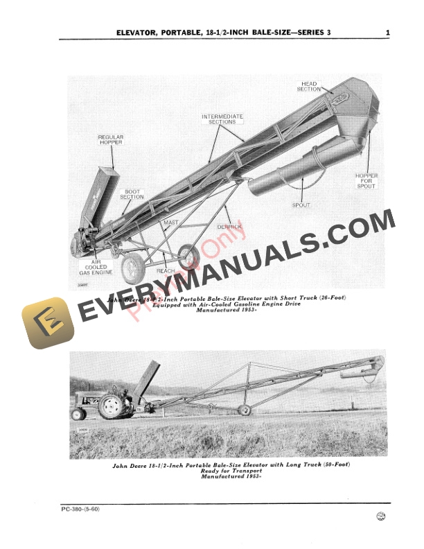 John Deere Portable Elevator, 18-12 Inch Bale-Size – Series 3 Parts Catalog PC380 01JAN68-3