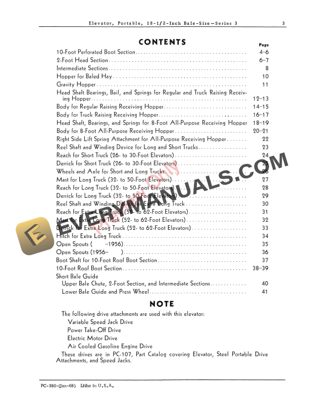 John Deere Portable Elevator, 18-12 Inch Bale-Size – Series 3 Parts Catalog PC380 01JAN68-5