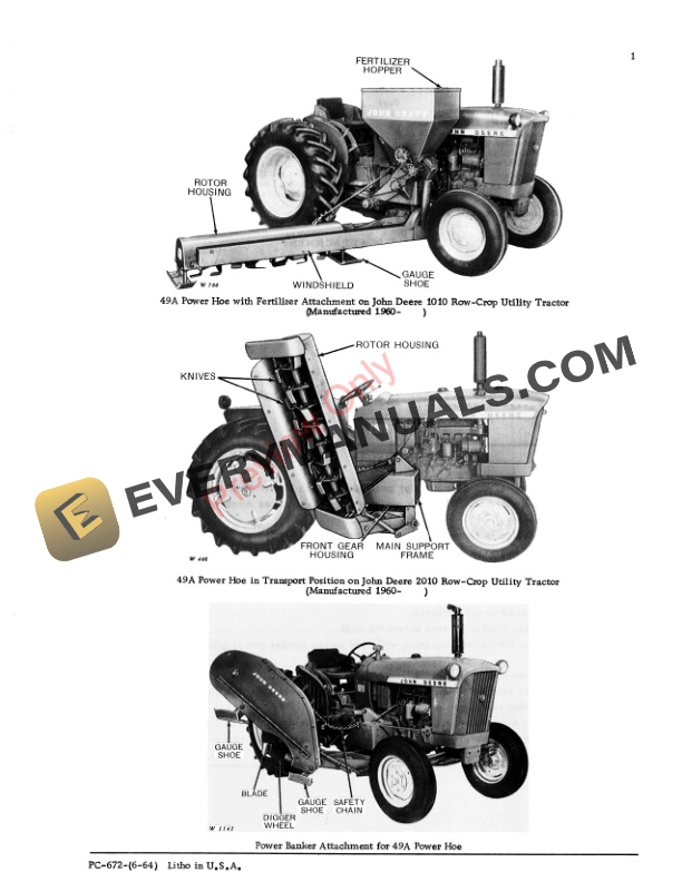 John Deere Power Hoe and Banker – 49, 49A Parts Catalog PC672 01JUN64-3