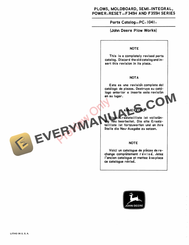John Deere Power-Reset, Semi-Integral Moldboard Plows Parts Catalog PC1041 01APR69-1