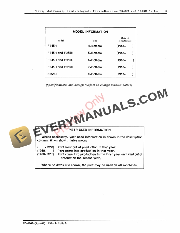 John Deere Power Reset Semi Integral Moldboard Plows Parts Catalog PC1041 01APR69 5