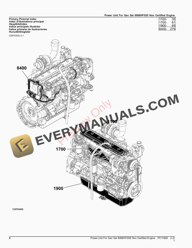 John Deere Power Unit For Gen Set 6068HFG55 Non Certified Engine Parts Catalog PC11606 11JUL23 4