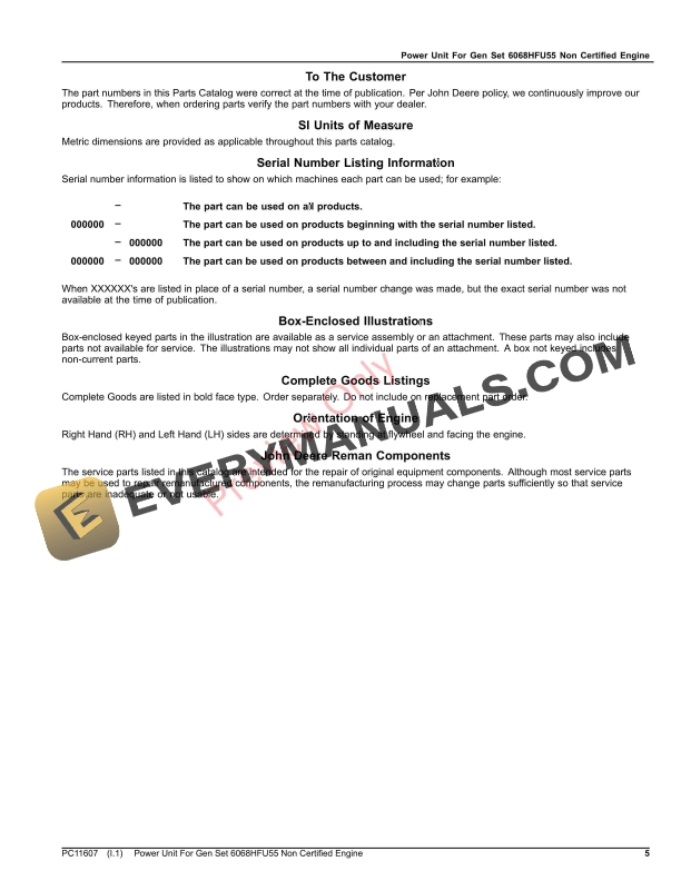 John Deere Power Unit For Gen Set 6068HFU55 Non Certified Engine Parts Catalog PC11607 15MAR23 5
