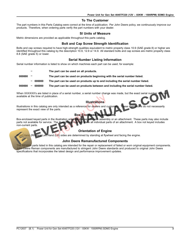 John Deere Power Unit for Gen Set 4045TF220 (12V 83KW Parts Catalog PC12637 25JUL23-3