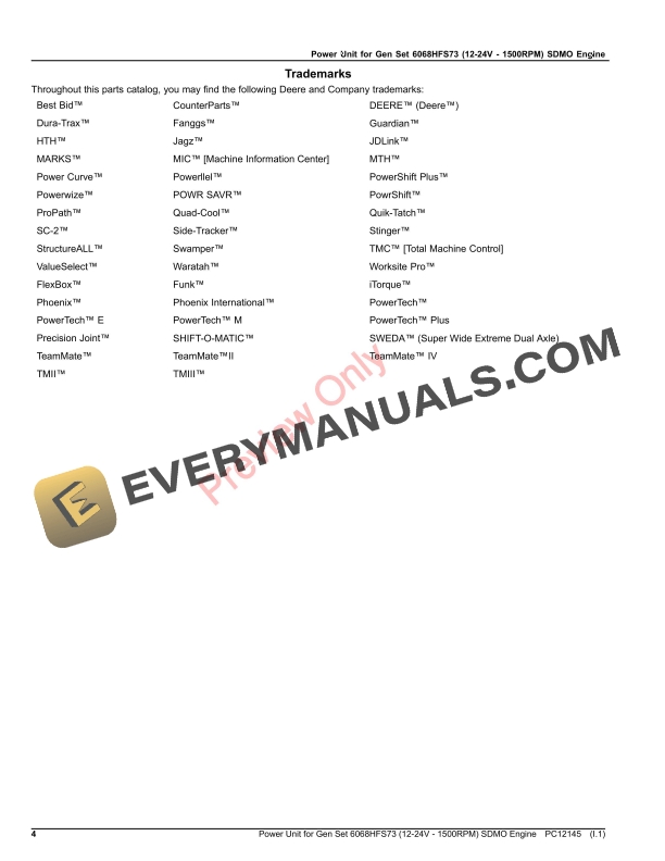 John Deere Power Unit for Gen Set 6068HFS73 (12 Parts Catalog PC12145 21NOV23-4