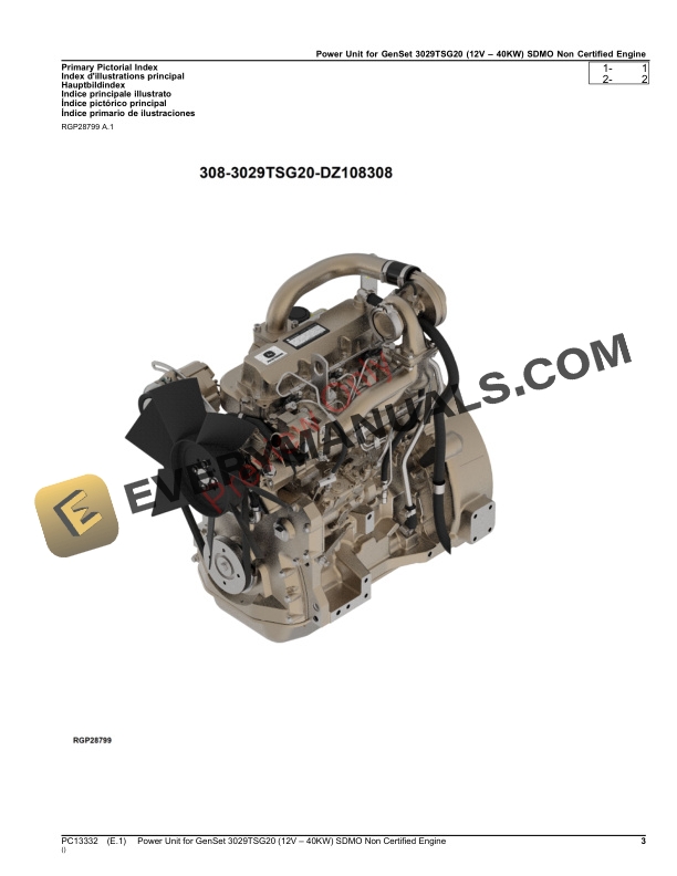 John Deere Power Unit for GenSet 3029TSG20 (12V 40KW) SDMO Non Certified Engine Parts Catalog PC13332 05SEP23 4 John Deere Power Unit for GenSet 3029TSG20 (12V 40KW) SDMO Non Certified Engine Parts Catalog PC13332 05SEP23-3