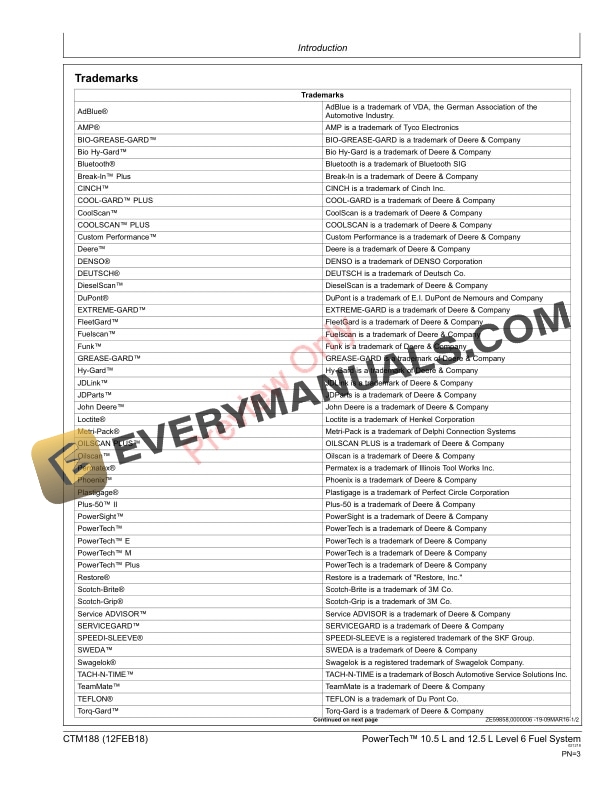 John Deere PowerTech 10.5 L and 12.5 L Diesel Engines Level 6 Electronic Fuel Systems with Lucas EUIs Component Technical Manual CTM188 12FEB18 3