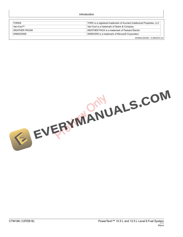 John Deere PowerTech 10.5 L and 12.5 L Diesel Engines Level 6 Electronic Fuel Systems with Lucas EUIs Component Technical Manual CTM188 12FEB18 4
