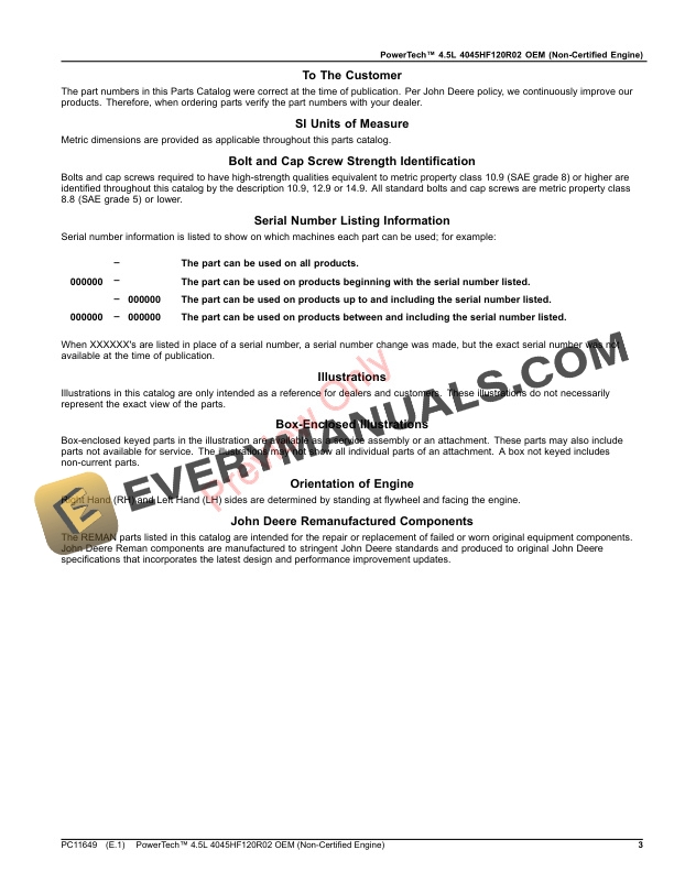 John Deere PowerTech 4.5L 4045HF120R02 OEM (Non-Certified Engine) Parts Catalog PC11649 15OCT23 4 John Deere PowerTech 4.5L 4045HF120R02 OEM Non Certified Engine Parts Catalog PC11649 15OCT23 3