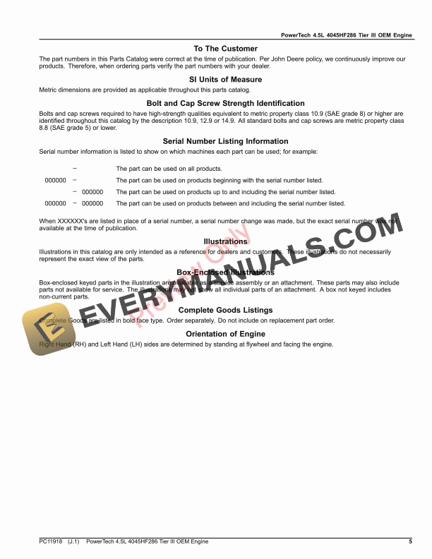 John Deere PowerTech 4.5L 4045HF286 Tier III OEM Engine Parts Catalog PC11918 02NOV23 6 John Deere PowerTech 4.5L 4045HF286 Tier III OEM Engine Parts Catalog PC11918 02NOV23 5