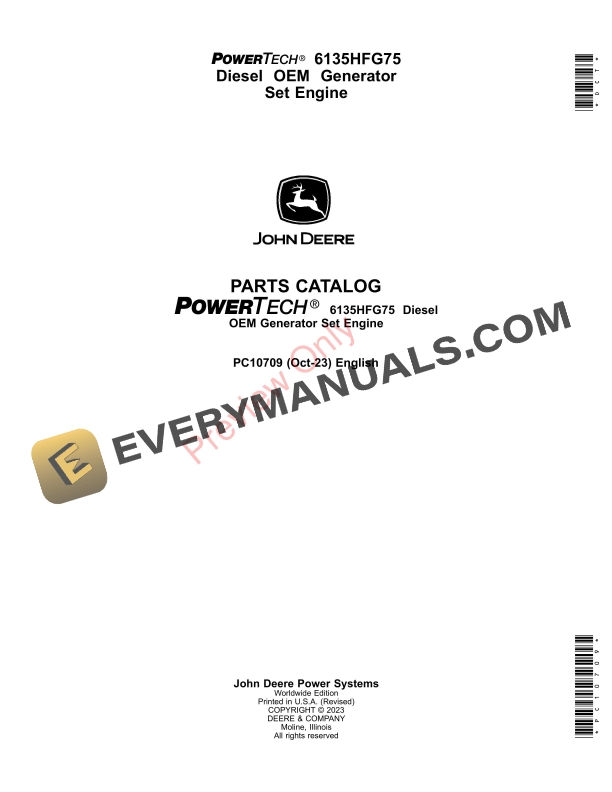 John Deere PowerTech 6135HFG75 Diesel OEM Generator Set Engine Parts Catalog PC10709 28OCT23-1