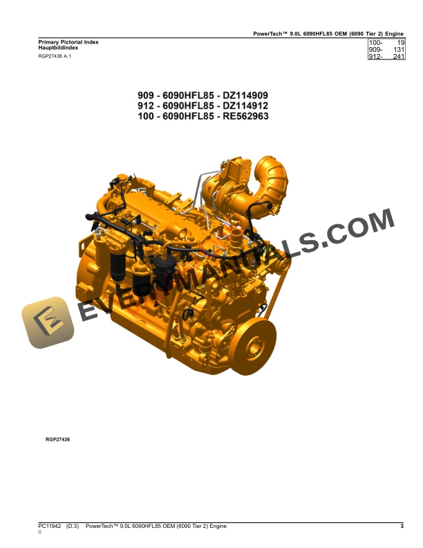 John Deere PowerTech 9.0L 6090HFL85 OEM 6090 Tier 2 Engine Parts Catalog PC11942 10SEP23 3