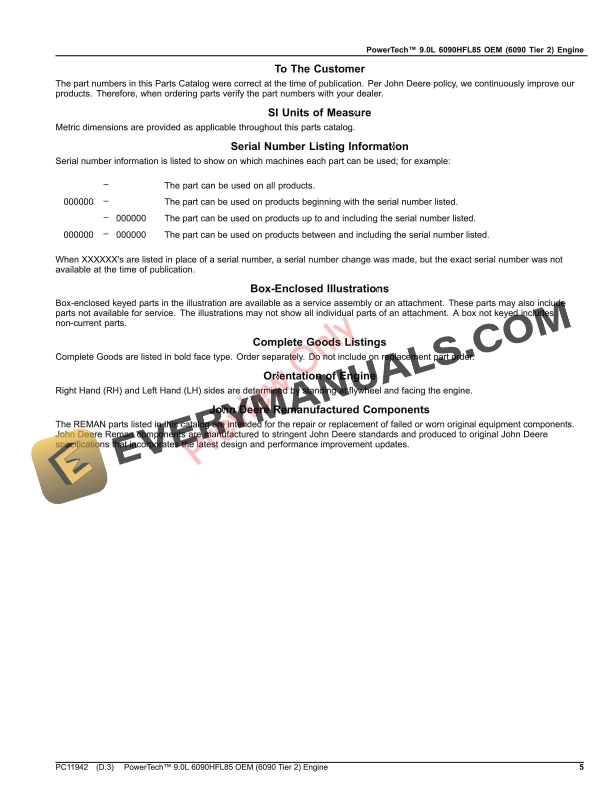 John Deere PowerTech 9.0L 6090HFL85 OEM 6090 Tier 2 Engine Parts Catalog PC11942 10SEP23 5