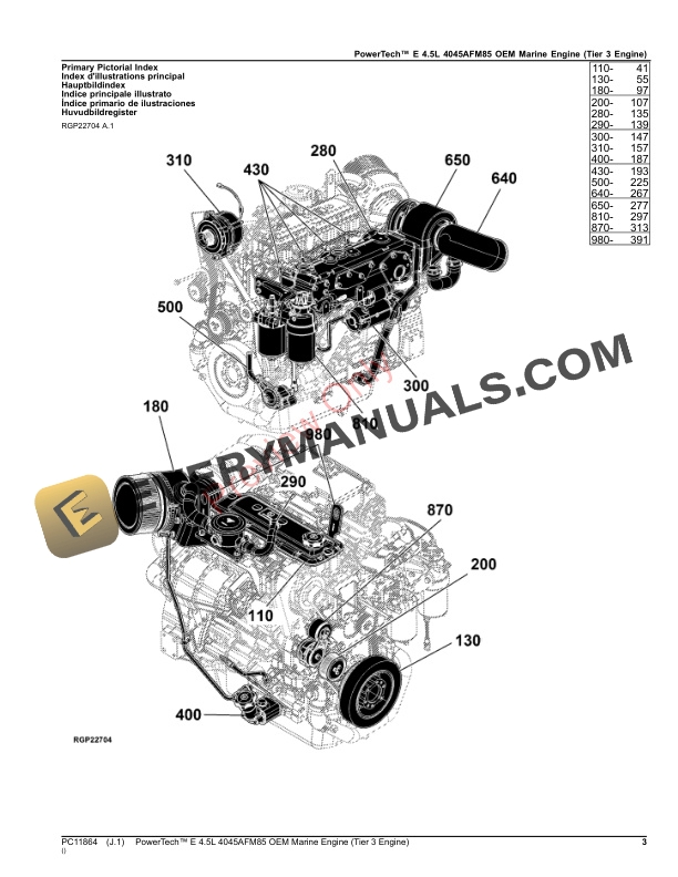John Deere PowerTech E 4.5L 4045AFM85 OEM Marine Engine (Tier 3 Engine) Parts Catalog PC11864 06OCT23 4 John Deere PowerTech E 4.5L 4045AFM85 OEM Marine Engine Tier 3 Engine Parts Catalog PC11864 06OCT23 3