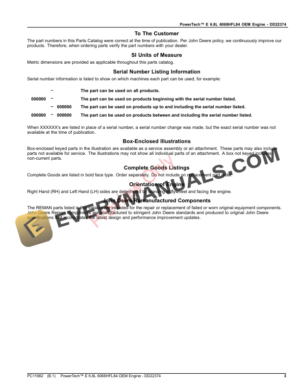 John Deere PowerTech E 6.8L 6068HFL84 OEM Engine - DD22374 Parts Catalog PC11982 05SEP23 4 John Deere PowerTech E 6.8L 6068HFL84 OEM Engine DD22374 Parts Catalog PC11982 05SEP23 3