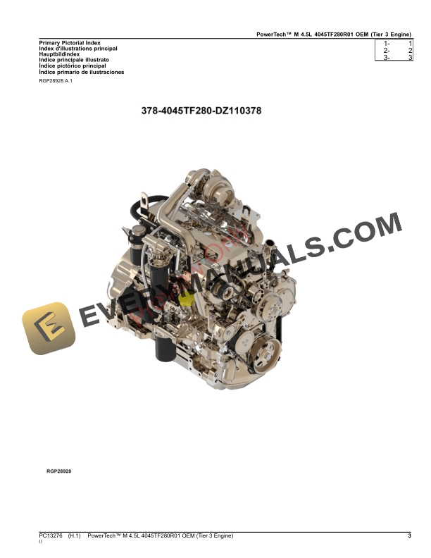 John Deere PowerTech M 4.5L 4045TF280R01 OEM (Tier 3 Engine) Parts Catalog PC13276 14SEP23-3