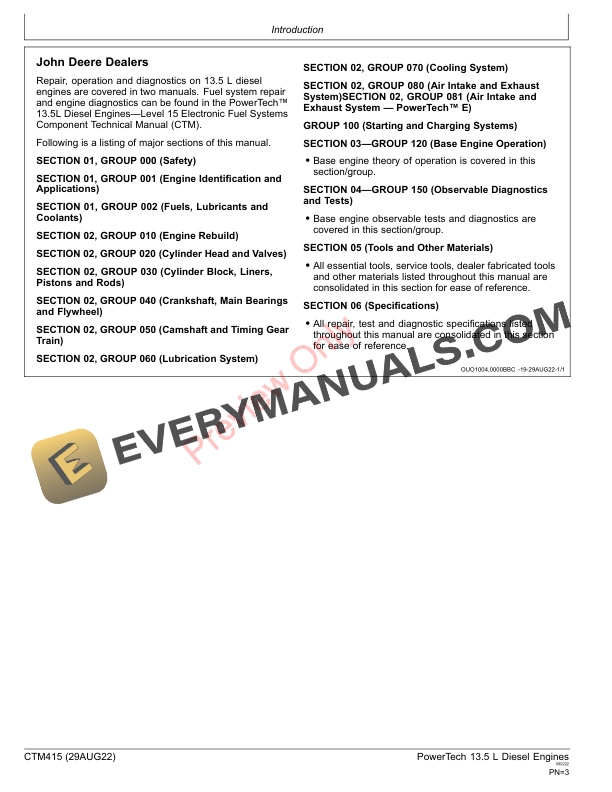 John Deere PowerTech PowerTech Plus and PowerTech E 13.5L OEM Diesel Engines Base Engine Component Technical Manual CTM415 29AUG22 3