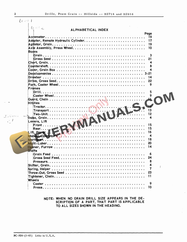 John Deere Press Grain Drills – Hillside, HZ714, HZ616 Parts Catalog PC924 01FEB66-4