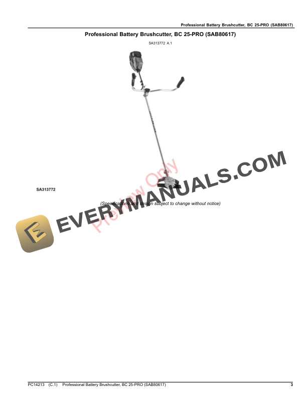 John Deere Professional Battery Brushcutter, BC 25-PRO (SAB80617) Parts Catalog PC14213 08AUG17 4 John Deere Professional Battery Brushcutter, BC 25-PRO (SAB80617) Parts Catalog PC14213 08AUG17-3
