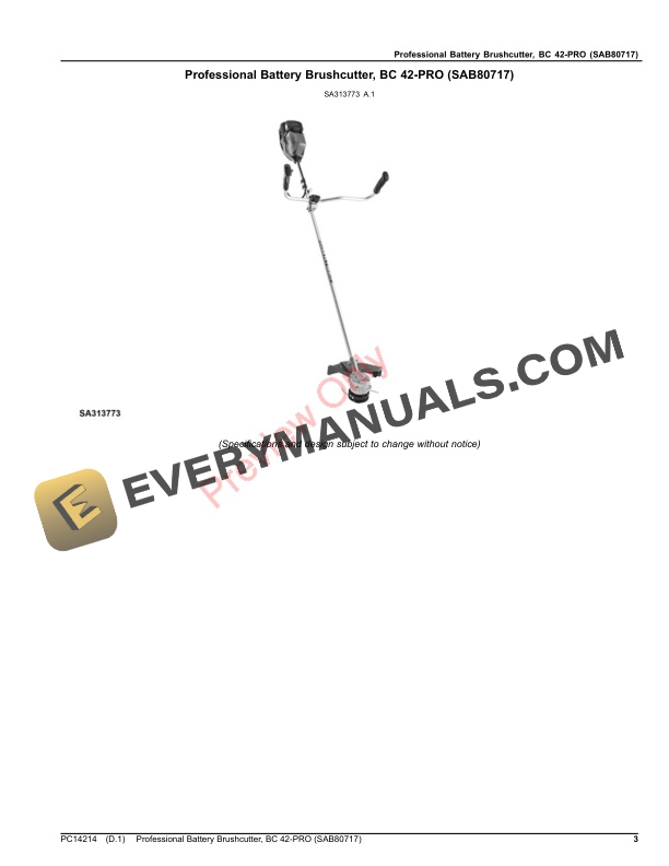 John Deere Professional Battery Brushcutter, BC 42-PRO (SAB80717) Parts Catalog PC14214 14AUG19-3