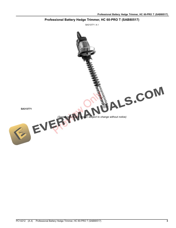 John Deere Professional Battery Hedge Trimmer, HC 60-PRO T (SAB80517) Parts Catalog PC14212 08AUG17-3