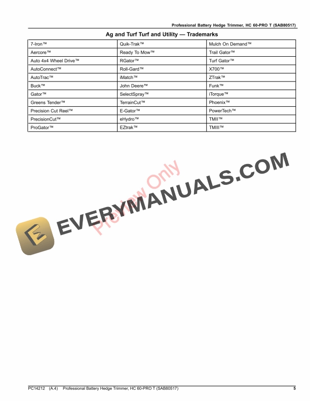 John Deere Professional Battery Hedge Trimmer, HC 60-PRO T (SAB80517) Parts Catalog PC14212 08AUG17-5