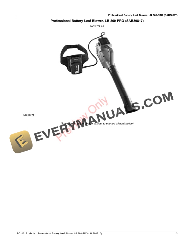 John Deere Professional Battery Leaf Blower, LB 860-PRO (SAB80817) Parts Catalog PC14215 24OCT23 4 John Deere Professional Battery Leaf Blower, LB 860-PRO (SAB80817) Parts Catalog PC14215 24OCT23-3