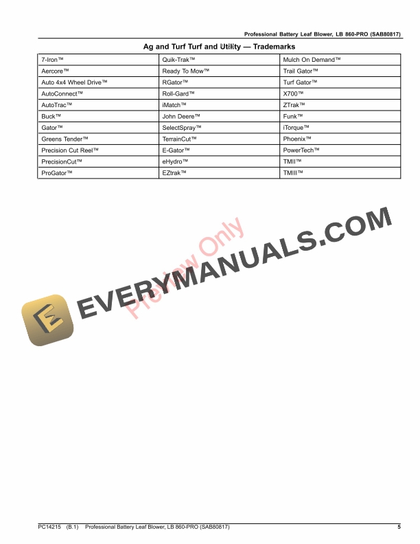 John Deere Professional Battery Leaf Blower, LB 860-PRO (SAB80817) Parts Catalog PC14215 24OCT23 6 John Deere Professional Battery Leaf Blower, LB 860-PRO (SAB80817) Parts Catalog PC14215 24OCT23-5
