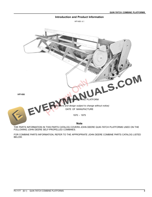 John Deere QUIK TATCH COMBINE PLATFORMS Parts Catalog PC1177 16NOV23 3