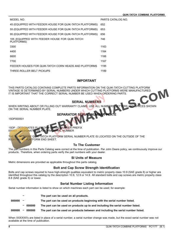 John Deere QUIK TATCH COMBINE PLATFORMS Parts Catalog PC1177 16NOV23 4