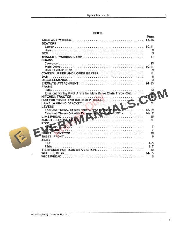 John Deere R Manure Spreader Parts Catalog PC500 01MAY64-3