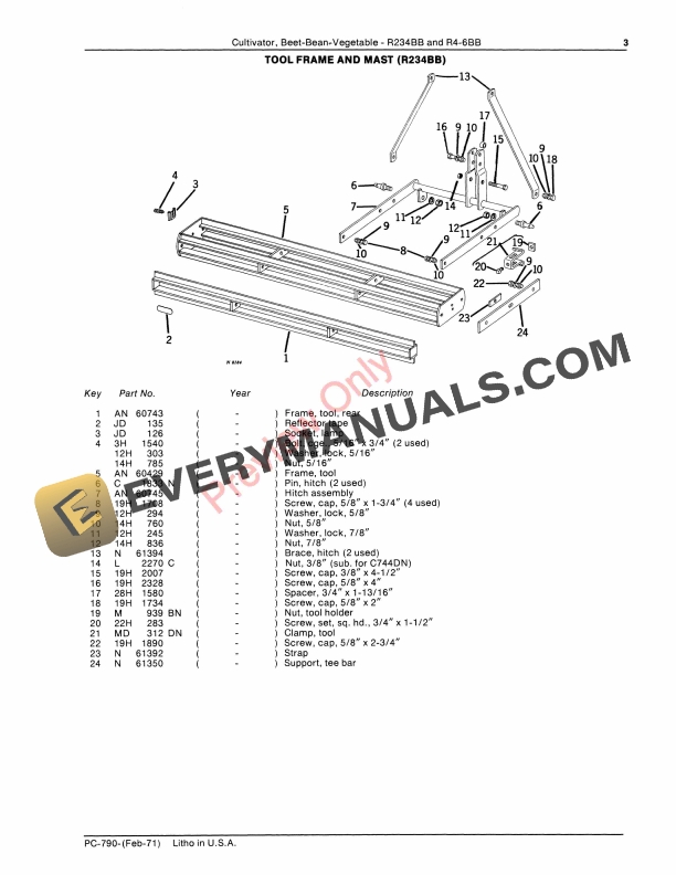 John Deere R234BB, R4-6BB Beet, Bean, Vegetable Cultivators Parts Catalog PC790 01FEB71-5