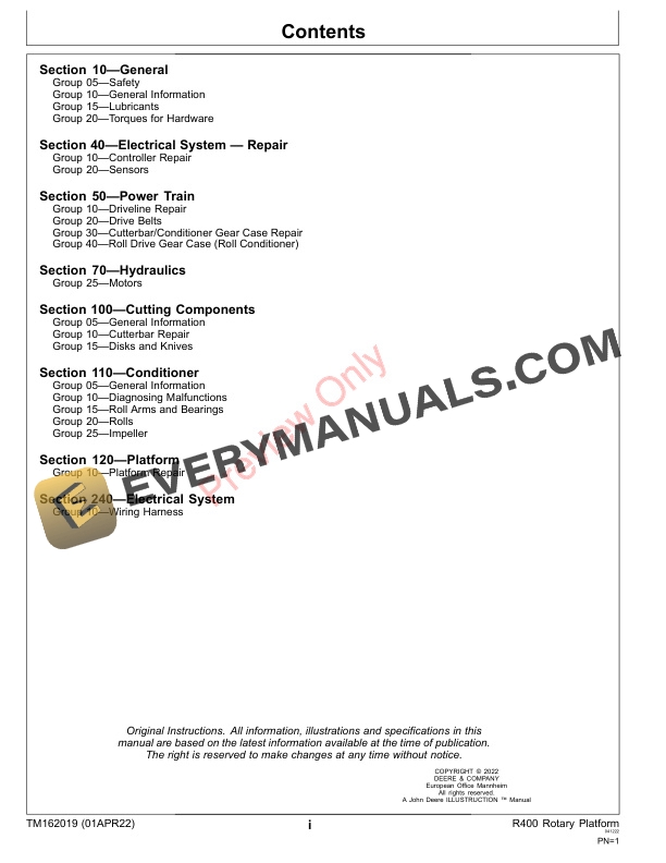 John Deere R400 Rotary Platform Technical Manual TM162019 01APR22 3