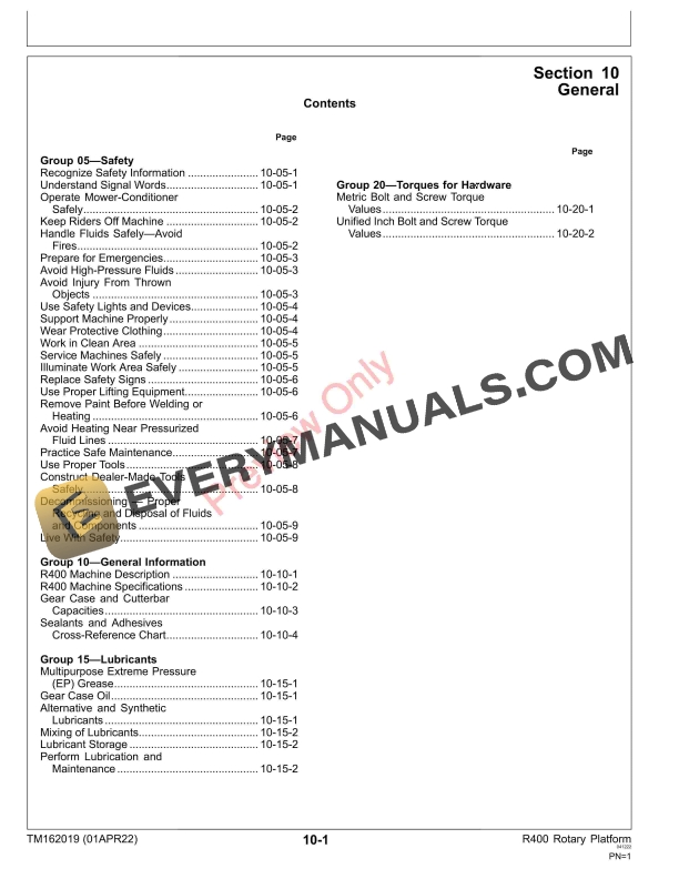 John Deere R400 Rotary Platform Technical Manual TM162019 01APR22 5