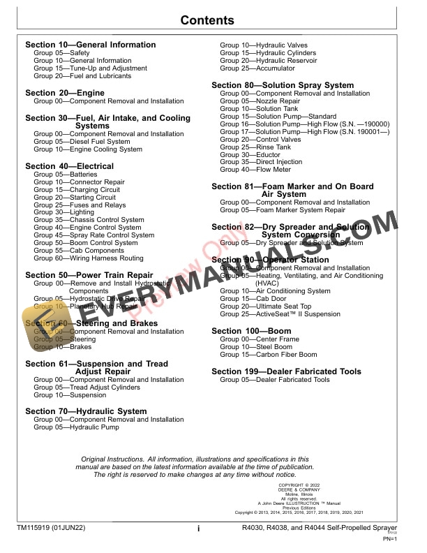 John Deere R4030 R4038 and R4044 Self Propelled Sprayer Repair Technical Manual TM115919 01JUN22 3