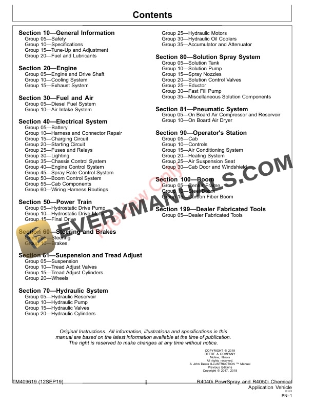 John Deere R4040i PowrSpray and R4050i Chemical Application Vehicle and Demountable Crop Sprayer Repair Technical Manual TM409619 12SEP19 3