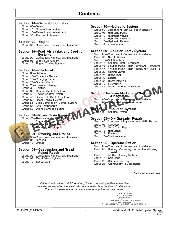 John Deere R4045 and R4060 Self Propelled Sprayer Repair Technical Manual TM116119 01JUN22 3
