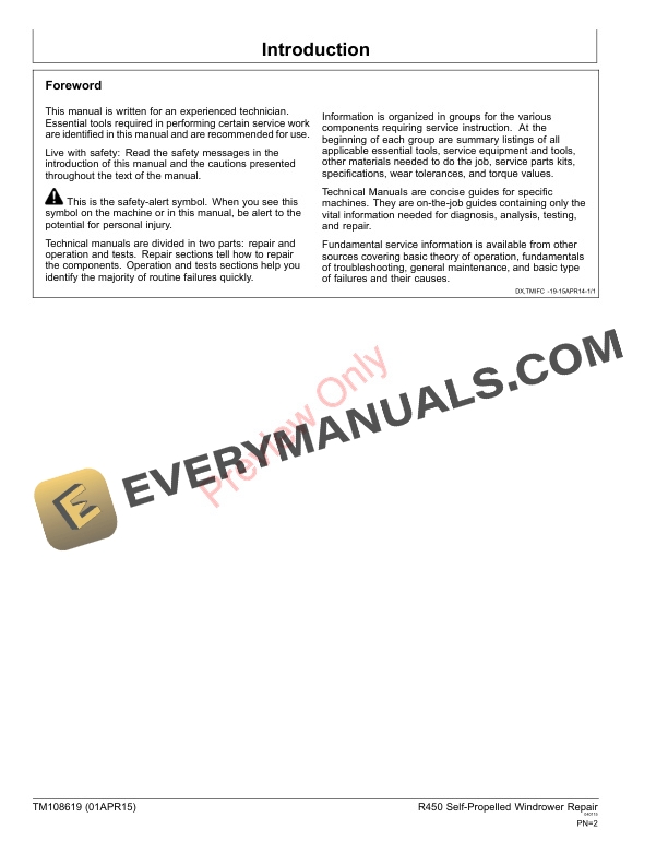 John Deere R450 Self-Propelled Windrower Technical Manual TM108619 01APR15 4 John Deere R450 Self Propelled Windrower Technical Manual TM108619 01APR15 2