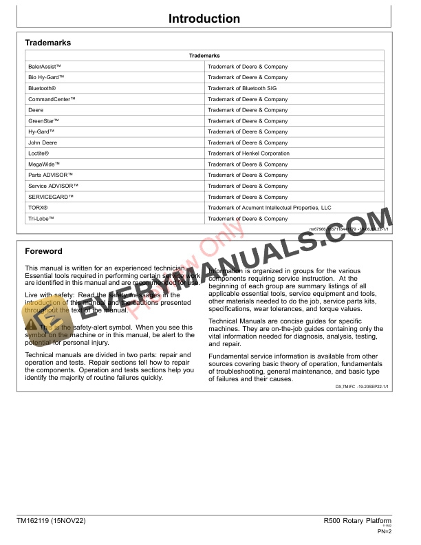 John Deere R500 Rotary Platform Technical Manual TM162119 15NOV22 2