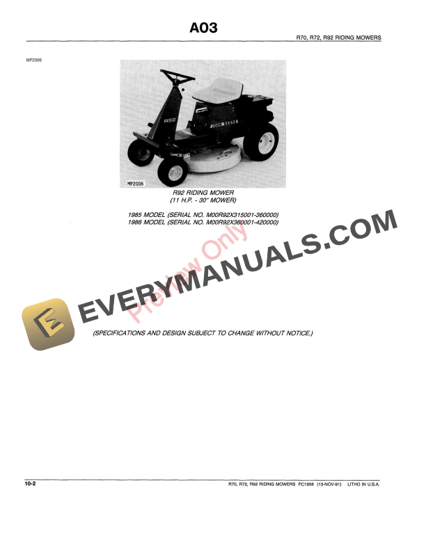 John Deere R70, R72 and R92 Riding Mowers Parts Catalog PC1958 13NOV91-4