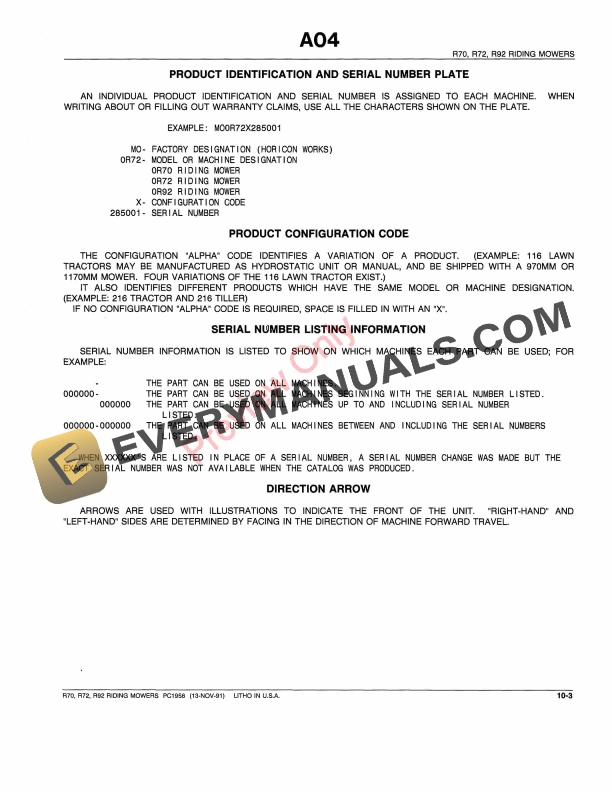 John Deere R70, R72 and R92 Riding Mowers Parts Catalog PC1958 13NOV91-5